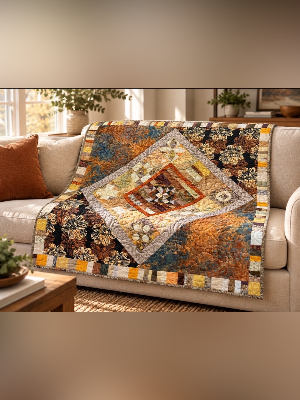 Handmade Autumn Patchwork Quilted Throw cotton quilt 41”x41”